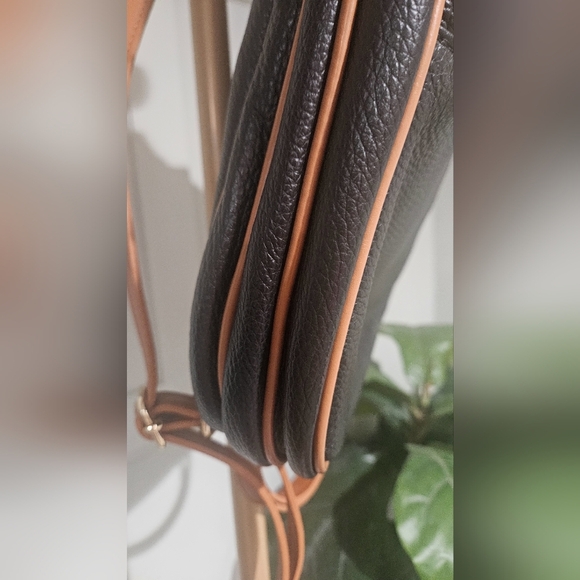 VALENTINA Leather Sling Triple Compartment Bookbag In Black With Tan Trim. - Picture 8 of 16